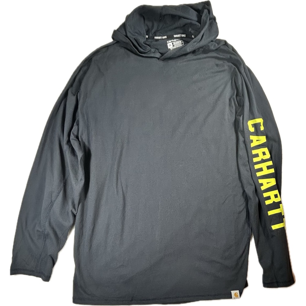 Carhartt Force 106654 Mens 2XL Black Hooded T Shirt Yellow Logo FastDry Work